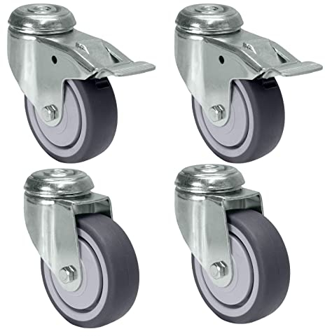 PRIOstahl Möbelrollen mit Rückenloch 75mm Set mit Bremse - Lenkrollen bis 240kg Schwerlastrollen - Spurlos Abrollende Laufrollen Rollen für Möbel Arbeitstisch Werkstatt Räder Rollbrett Transportroller