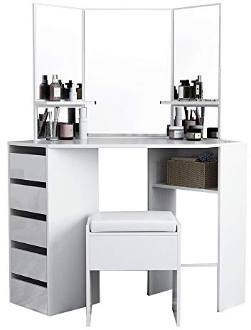 Wooden Corner Dressing Table Modern Vanity Makeup Desk Vanity Console Dresser Table with Stool 3 Mirrors and 5 Storage Drawers Bedroom Furniture (White)