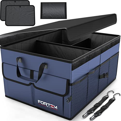 FORTEM Kofferraum Organizer, Kofferraumtasche, Zusammenklappbarer Auto Organizer Kofferraum mit Fächern, Rutschfester Boden, Verstellbare Sicherungsriemen, Klappbarer Deckel (Blau)