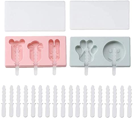 Silicone Ice Cream Moulds with Covers, DIY Ice Lolly Moulds,BPA Free Popsicle Maker with Cute Patterns for Kids(2*Moulds + 28*Sticks)