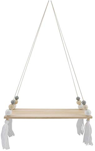 Duokon Wandbehang Regal mit runden Perlen dekorative hängende Schaukel Seil schwimmende Regale Lagerregal DIY Home Wandbehang Dekor(Weiß + Grau)