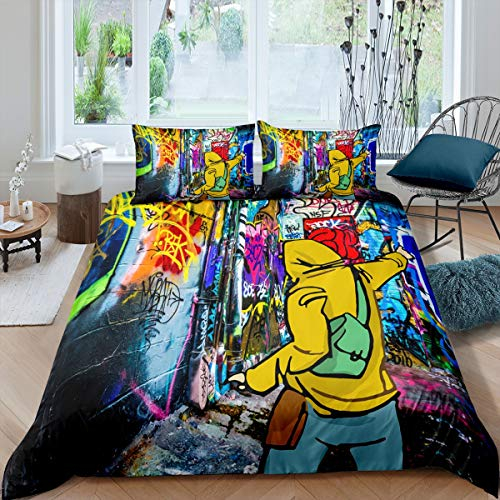 Loussiesd Hippie Graffiti Bettwäsche Set 135x200cm für Jungen Kinder Hip Hop Dekor Bettbezug Set Junger Mann Graffiti Muster Betten Set Straßenkultur Thema Bettwäsche 2St