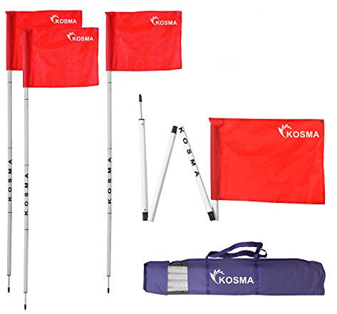 Kosma Set of 4PC Collapsible Corner Flag |Foldable Football Training Corner Flag Pole- Size: 5 Ft x 25mm - White pole with Metal Spike & Orange Flag - in carry bag