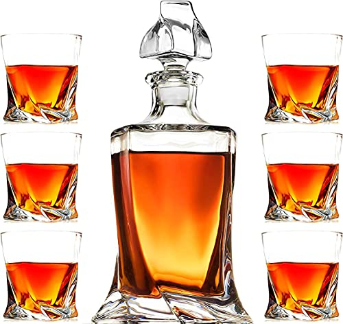 First to act tactical Whiskey Dekanter Gläser Set Bleifreies Kristallglas Scotch Tasting Cups Weinflasche zum Trinken Irish Whisky Bourbon Tequila Tumbler (Twist, 1 Dekanter & 6 Gläser Set)
