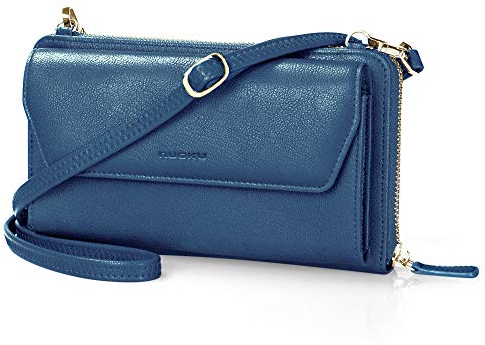 nuoku Womens RFID Wallet Purse Wristlet Crossbody Clutch with Zip Around 2 Strap (Navy Blue)