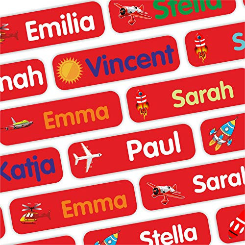 INDIGOS UG® Namensaufkleber Kinder - Wäscheetiketten & Gegenstände - 35-105 Stück - 35x10mm - Fliegen - rot - Kleidung - Schule und Kindergarten - personalisierbar wasserfeste Klebeetiketten