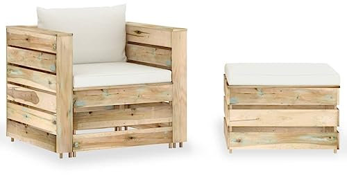 vidaXL Holz Grün Imprägniert Gartenmöbel 2-TLG. mit Kissen Einzelsofa Lounge Sofa Gartensofa Gartensessel Tisch Fußhocker Sitzgruppe Gartenset