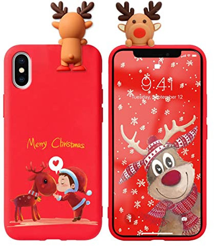 Vauki Natale Custodia per Apple iPhone X/XS con 3D Natale Cervo Bambola, Cartoon Alce Regalo Disegni Sottile Morbida TPU Silicone Carino Antiurto Opaco Cover Case per iPhone XS/X, Regalo di Rosso