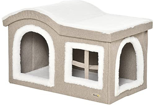 PawHut Faltbares Indoor-Katzenhaus Große Katzenhöhle mit abnehmbarem Bezug, Kissen, 2 Eingängen und Fenster Katzenhocker 63,5x37x40 cm Beige