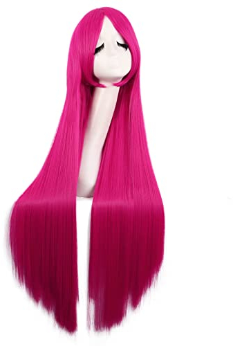 MapofBeauty 39 Pollic/100 cm Unico Lungo Le signore Side Frange Cosplay Dritto Parrucche (Caldo Rosa)
