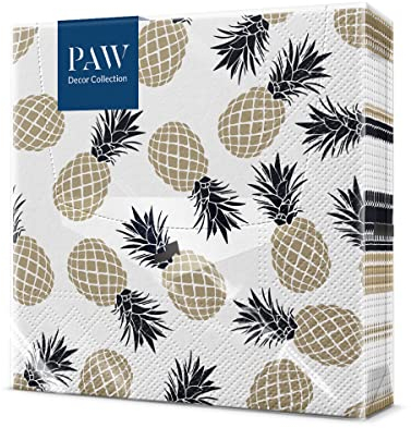 PAW - Servietten 3-lagig (33 x 33 cm) I 20 Stück I Perfekt für Geburtstage, Partys, Hochzeiten, Kommunion und Feiern I Papierservietten Bunt - Blätter, Rahmen, Ornament I Pina Colada gold