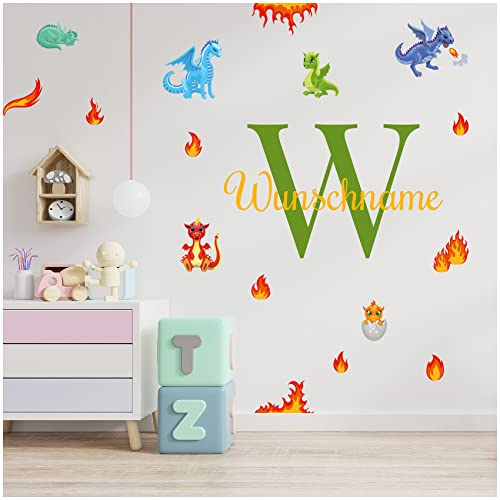 Wandsticker personalisiert Sticker Aquarell Tiere mit Name Wandtattoo für Kinderzimmer Babyzimmer Spielzimmer Mädchen Junge Y037 (Nr. 33 Drachen, Mit Wunschname)