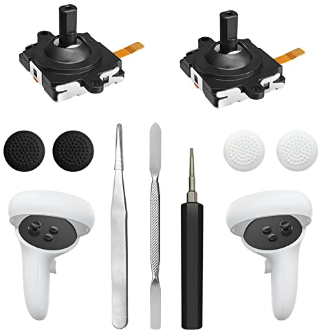 Joystick Replacement Kit for Oculus Quest 2 Controller, Repair Kit for Meta Quest 2 Controller, Include 2 Joysticks, T5 Screwdriver, Tweezer, Pry Tool, 4 Thumbstick Grips (Black-11-in one)