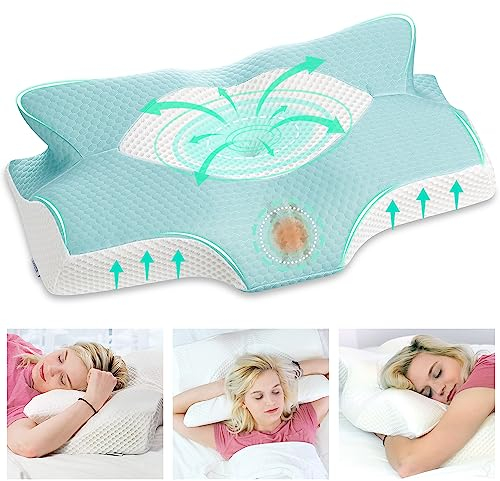 Elviros Zervikale Orthopädisches Kopfkissen aus Memory-Schaum abnehmbares ergonomisches Nackenhörnchen für Nacken- und Schulterschmerzen Nackenstützkissen, 54 x 11/9 x 33 cm, Blau Grün
