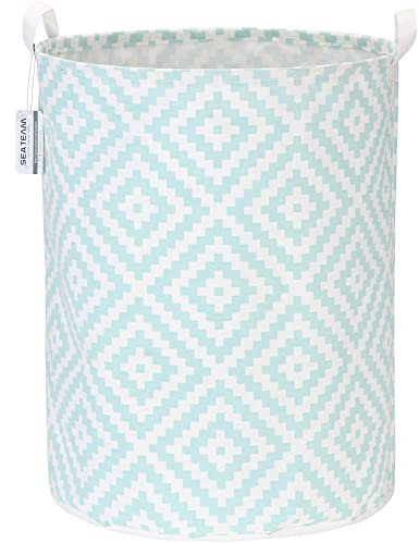 Sea Team 19.7 Inch Large Sized Waterproof Coating Ramie Cotton Fabric Folding Laundry Hamper Bucket Cylindric Burlap Canvas Storage Basket with Stylish Bohemia Mint Design