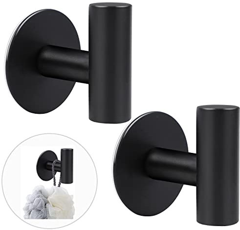 SUNNOW 2 Pack Black Stainless Steel Heavy Duty Towel Hooks, Self-Adhesive, Matte Finish, 5kg Capacity, Modern Style, Suitable for Bathroom/Kitchen/Bedroom