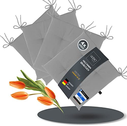 LILENO HOME 4er Set Stuhlkissen Hellgrau (40x40x4,5 cm) - Sitzkissen für Gartenstuhl, Küche oder Esszimmerstuhl - UV-beständige Indoor u. Outdoor Stuhlauflage als Stuhl Kissen (Laura FUM)