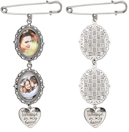 URROMA Hochzeitsstrauß Foto-Charms, 2 Stück, silberfarben, Gedenkfoto-Anhänger, Spitze, oval, Herz-Anhänger, Foto-Anstecknadel, Brosche für Braut, Blumenstrauß