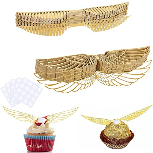 Potter Geburtstags Deko,100 Stück Goldene Schnatz Deko,Gold Golden Flügel Kuchen Deko Mit Goldenen Engelsflügeln,Zauberer Geburtstag Party Kuchendekoration für die Zauberer-Themenparty Hochzeit