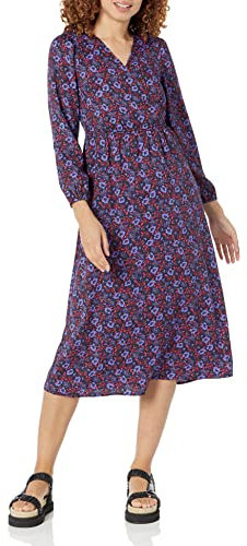 Amazon Essentials Abito Midi con Scollo a V a Maniche Lunghe in Georgette Leggero (Disponibile in Taglie Forti) Donna, Blu Scuro Viole del Pensiero, XXL Plus