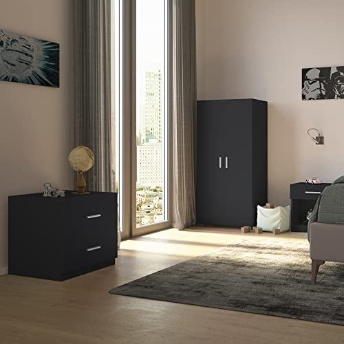 URBNLIVING Orlando 3 Pc Wooden Kids Bedroom Set Wardrobe Chest Cabinet Bedside Table (Black)
