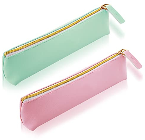 TIESOME Federmäppchen aus Leder, 2 Stück niedlich schmal Stiftetasche kleine Bleistifttasche schöne Schreibwarentasche tragbar Kosmetiktasche Reißverschlusstasche für Stifte Marker (Grün+Rosa)