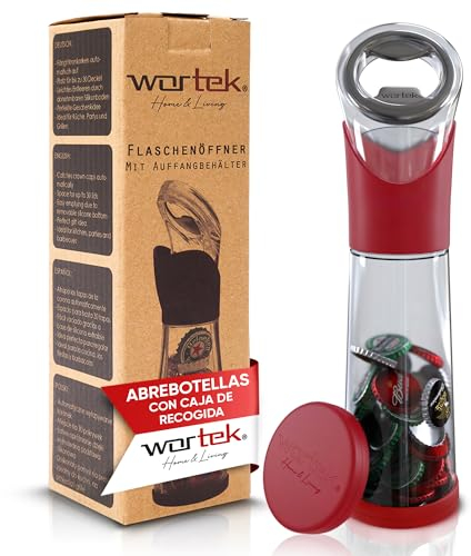 wortek Flaschenöffner mit Auffangbehälter - Getränkeöffner Bieröffner Bierflaschenöffner Kronkorken Sammler Bar Küche Camping Zubehör - Geschenk für Männer und Bierliebhaber Rot