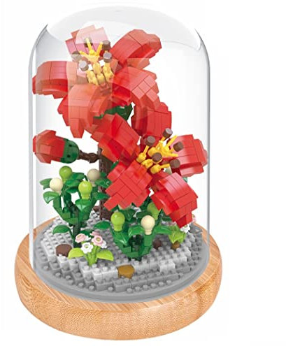 WiseHawk Kit de blocs miniatures pour assembler des fleurs. Avec support en bois et couvercle de dôme. Rose de Chine