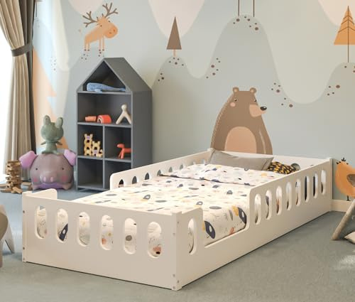CADANI Monte 2in1 Bodenbett 90x200 cm Montessori Kinderbett Rausfallschutz abnehmbar - weiß, 38 kg schwer, bis 200 kg belastbar, extra starker Roll-Lattenrost, umbaubar