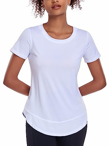 Deaviya Women's Sports T-Shirt Gym Tops, Short Sleeve Workout Casual Running Tops, Ladies Gym Yoga Sports Top, Crew Neck Fitness T-Shirts for Women, Loose Side Split Tee,White S