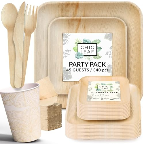 Chic Leaf Disposable Plates & Cutlery Set - 340-Piece Bulk Pack for 45 Guests, 25.4 cm & 17.8 cm Light Brown & Beige - Palm Leaf Plates & Cups - Eco-Compostable Tableware - Microwave & Oven Safe