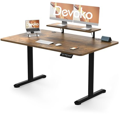 Devoko Electric Standing Desk 140 x 60cm with Monitor Stand, Height Adjustable Desk for Gaming, Home Office Table with 2 Memory Smart Pannel (Rustic Brown)