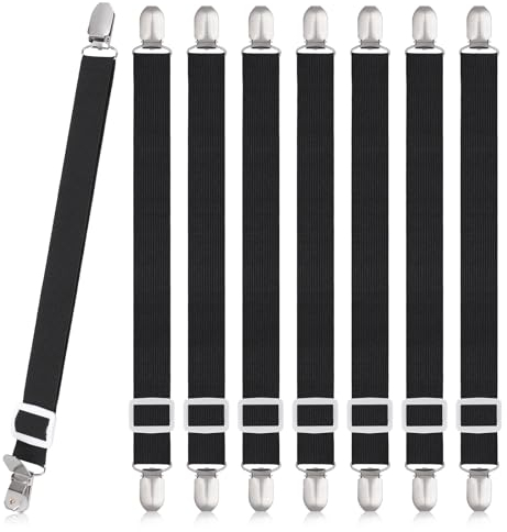 Huiguli 8 Stück Bettlakenspanner Verstellbar, Betttuchspanner mit Metallclips Weiß Elastische Lakenspanner, Betttuch Spanner Spannbettlakenhalter für Bettlaken Matratze Bügelbrett Sofa (Schwarz)