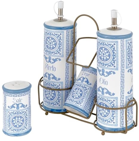 Baroni Home Ensemble de Table en Céramique pour Vinaigre Huile Poivre et Sel, Ménage de Cuisine, Set de Table Huile Sel Poivre et Vinaigre, Ligne Maïoliques Bleu, 21x8x22 cm