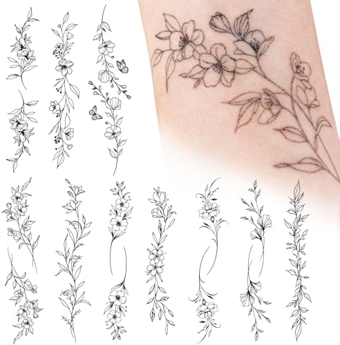 10 Blätter Fake Tattoos Blumen Schwarz Temporäre Klebetattoos Erwachsene Wasserdicht Tattoo Mädchen Arm Tattoo Klebe Aufkleber Tatoos zum Aufkleben Frauen Damen Kinder Männer