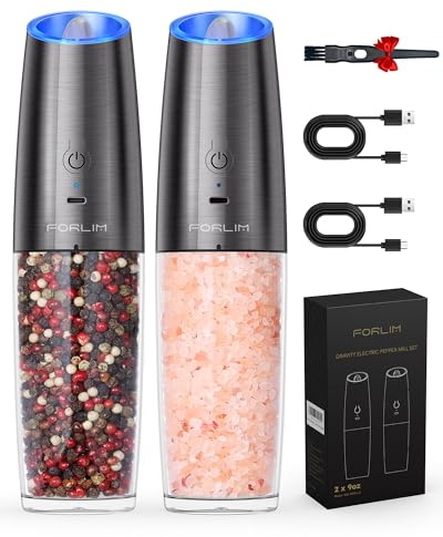 FORLIM 9Oz Large Capacity Gravity Electric Salt and Pepper Grinder Set, USB Rechargeable Automatic Salt and Pepper Shakers with LED Light, Adjustable Coarseness, Pepper Mill (Metallic Gunmetal)