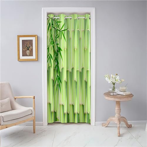 Odot Rideaux de Porte à Oeillets, Motif Feuilles de Bambou Rideau de Porte Interieur Occultant Rideau de Séparation de Pièce Rideau de Porte à Isolation Thermique (120x200cm,Feuilles de Bambou)