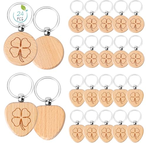 Dadabig 24 Stücke Schlüsselanhänger aus Holz Glücksbringer Holzanhänger mit Kleeblatt Schlüssel Anhänger als Geschenk
