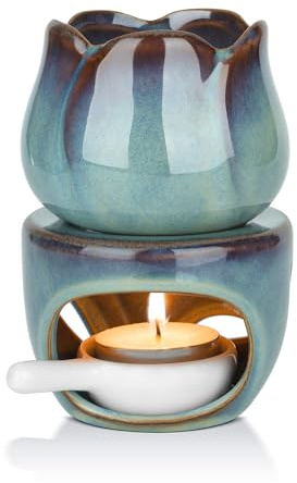 Ceramic Essential Oil Burner Wax Melt Burner Set Candle Spoon | Removable Aromatherapy Burner Blue Ceramic Aroma Oil Candle Diffuser Wax Tart Warmer for Home Bedroom Decor