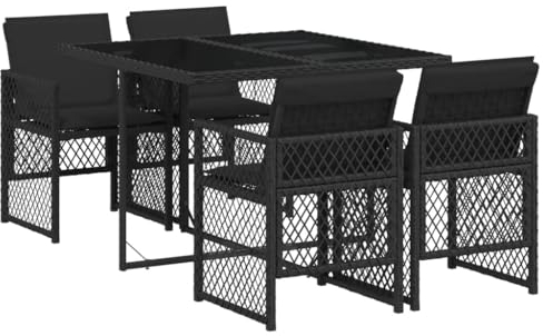 vidaXL Garten Essgruppe 5-TLG., Gartenmöbel Set mit Kissen, Gartengarnitur Tisch 4 Stühle, Sitzgruppe für Garten Terrasse, Schwarz Poly Rattan