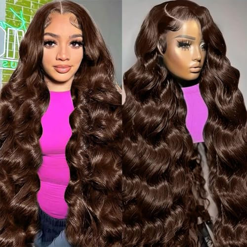 22 Inch Chocolate Brown Lace Front Wig Human Hair 180% Density 13x4 Body Wave Wigs HD Lace Front Wigs Human Hair Pre Plucked with Baby Hair Brown Wig Human Hair Colored Frontal Wigs Human Hair