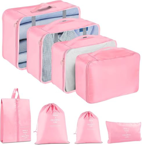 MOFELON Koffer Organizer - 8 Stück, Packing Cubes, Packwürfel für Rucksack, Travel Organizer Packtaschen Set mit Kleidertaschen Schuhbeutel Wäschebeute Kosmetiktasche, Reise Gadgets-Gepudert