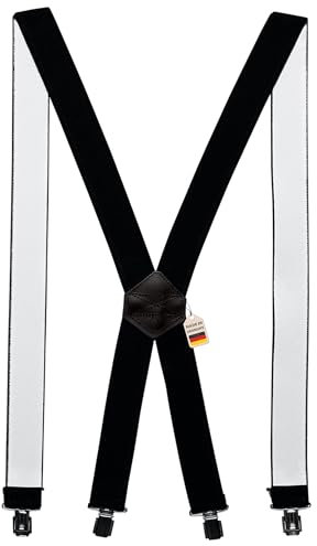 Zukunftsenkel Premium Hosenträger 3,5 cm breit in X-Form mit Leder-Patch und 4 extra starken Clips flexibel Herren & Damen Skihosenträger Motorradhosenträger Fasnacht (Schwarz/Schwarz)