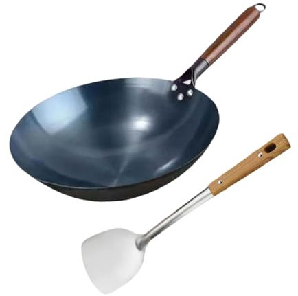 MagiDeal Wok Poêle antiadhésive Wok sans revêtement Poêle en fonte forgée manuelle Poêles de cuisson avec manche en bois Poêle à sauter universelle Wok à fond, 40cm
