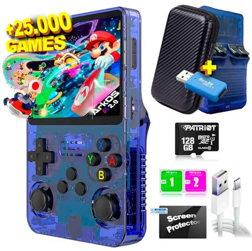SVP Game - R36S Consola Retro Portatil PS1, n64, nDS, SuperN, GameB, Arcade, Atari, GBA, PSP Consola Portatil 40.000 Juegos Emulador Retro, Game Console, Videojuegos (Azul 128 GB + Estuche + USB)