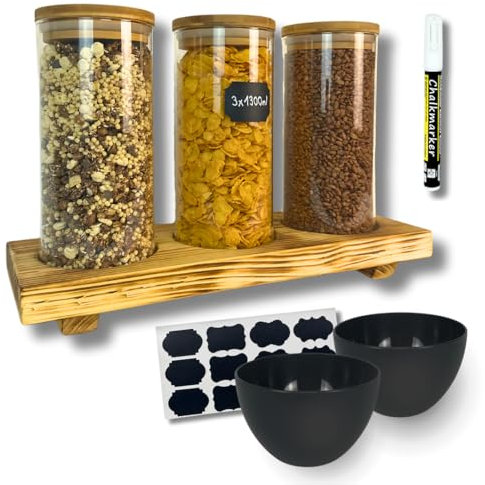 PureHome Cereal Dispenser Set | Storage Jars 3 x 1300 ml + 2 Shatterproof Cereal Bowls Each 750 ml + Wooden Plate + Labelling Set | Storage Jars for Kitchen & Dining Table | Storage Jar with Wooden