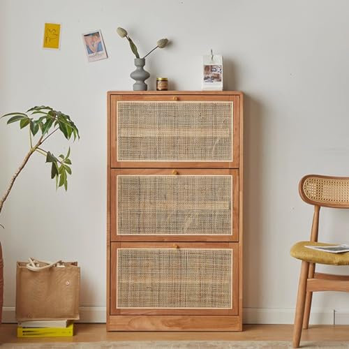 Rattan Schuhschrank Massivholz Eingangsbereich Schuhregal Aufbewahrung für Flur Indoor Outdoor (Eiche)
