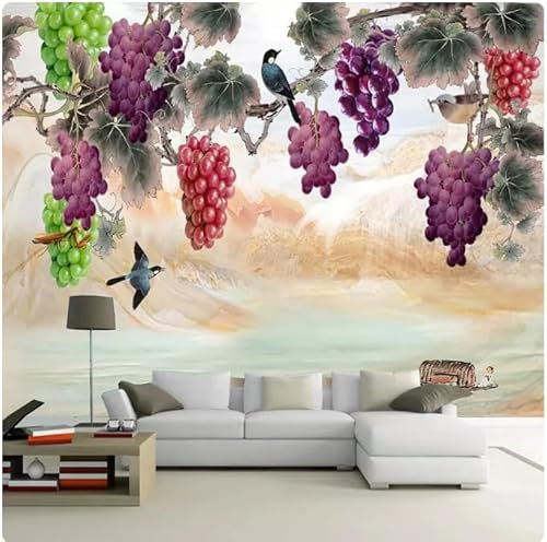 Mural de pared 3D pintado a mano con flores moradas y pájaros, pintura artística para pared, 3D, 430 x 300 cm