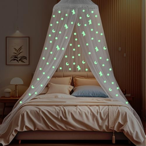 Moskitonetz Bett für Doppelbett Einzelbett, Insektenschutz Bett mit Fluoreszierenden Sternen, Hochwertiges XXL Reise Mückennetz Bett, Feinmaschiges Betthimmel Bett für Reise Zuhause und Indoor Outdoor