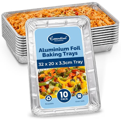 Essential Housewares 10 Aluminium Foil Trays - 32 x 20 x 3.3cm Heavy Duty Disposable Foil Roasting Tray Traybake Tin. Metal Food Trays for Oven Roasting, Catering & More.
